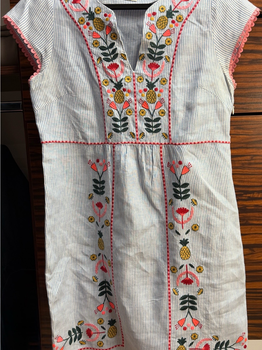 Boden White & Blue Pinstripe Mini Dress with Pink, Green & Yellow Embroidery - Picture 1 of 5